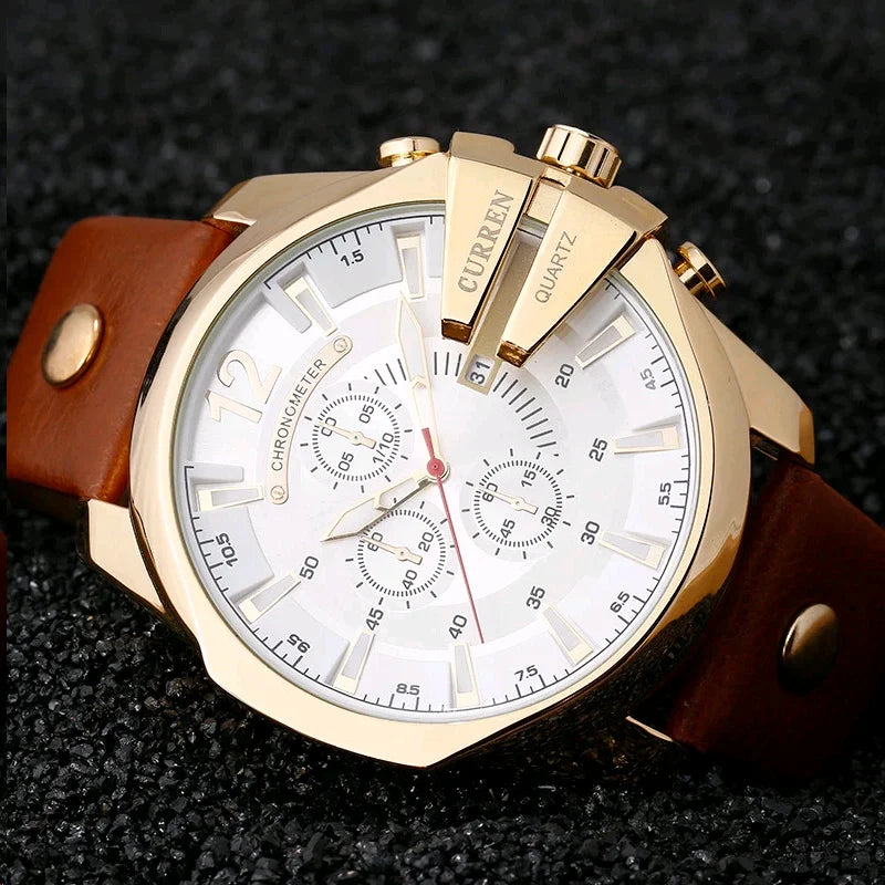 "Curren Men's Chronograph Watch - Large Dial, Luxury Gold Design, Fashion Leather Strap, Casual Outdoor Sports Wristwatch