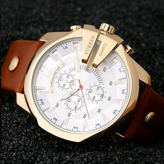 "Curren Men's Chronograph Watch - Large Dial, Luxury Gold Design, Fashion Leather Strap, Casual Outdoor Sports Wristwatch