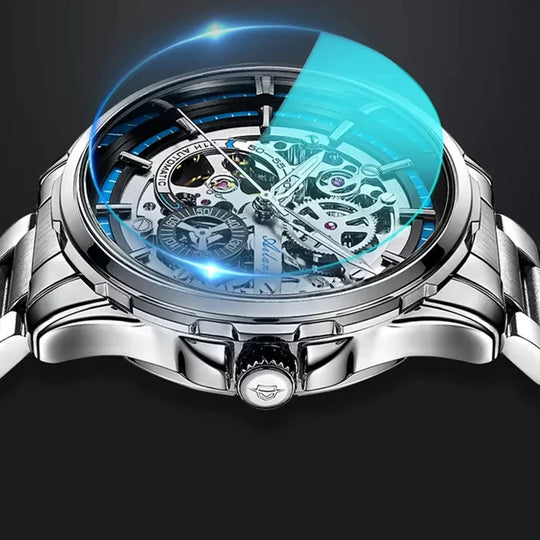 "AILANG Men's Skeleton Mechanical Watch - Stainless Steel, Waterproof, Top Brand Luxury, Sporty Automatic Wristwatch"