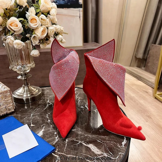 2024 Suede Leather Crystal Ankle Boots Blue\Red\Black Women Pointed Toe Pull on Soft High Heel Luxury Design Shoes