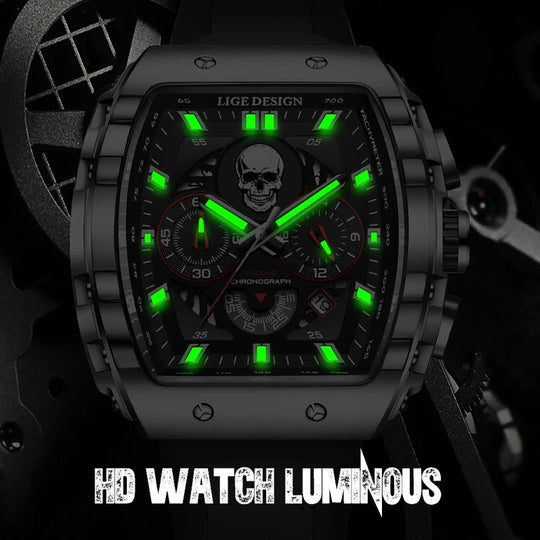 "LIGE Men's Fashion Sport Skull Watch - Top Brand Luxury, Chronograph Quartz, Waterproof Wristwatch"