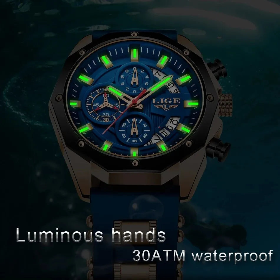 "LIGE Luxury Men's Fashion Watch - Silicone Sport Style, Quartz Date Clock, Waterproof, Chronograph Wristwatch"