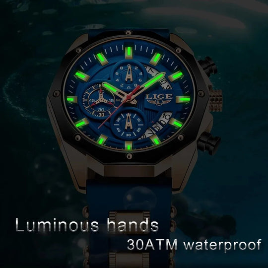 "LIGE Luxury Men's Fashion Watch - Silicone Sport Style, Quartz Date Clock, Waterproof, Chronograph Wristwatch"