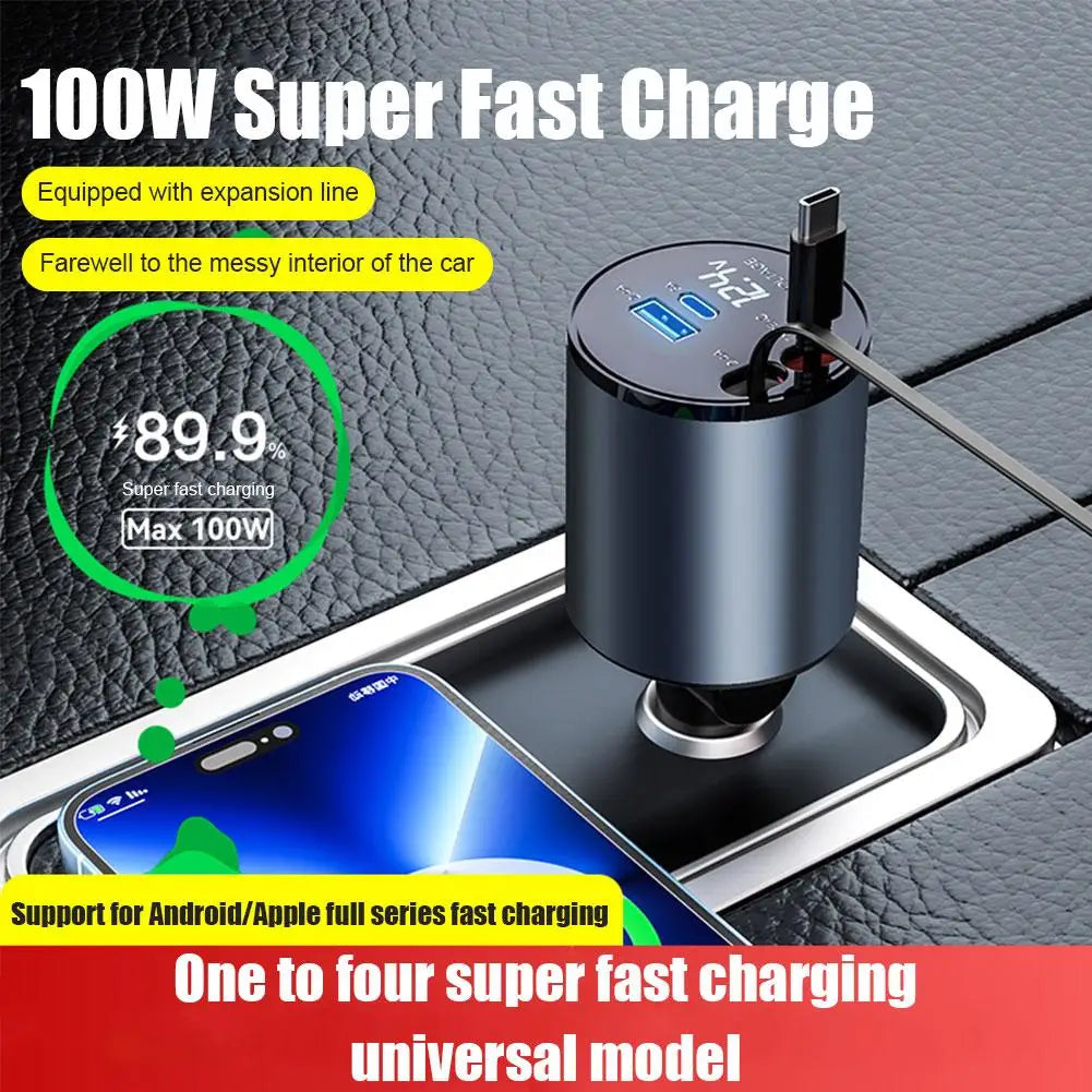 4 IN 1 100W Retractable 4 Ports Car Charger USB C For iPhone 14 15Pro Samsung S22 S23 Fast Charge Cigarette Lighter Adapter