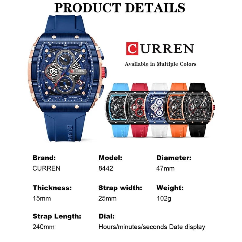 "CURREN Luxury Men's Square Watch - Quartz Wristwatch, Waterproof, Luminous Chronograph with Date Display"