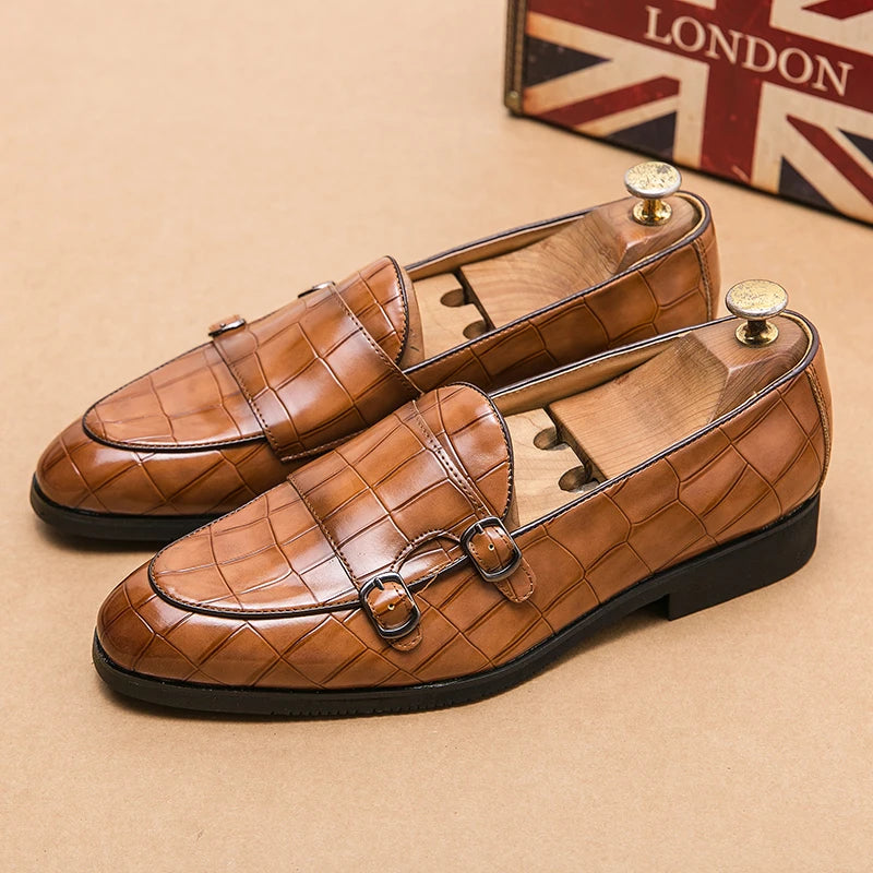 Men's Stone Pattern Monk Loafers with Double Buckle, Fashionable Dress Shoes for Men