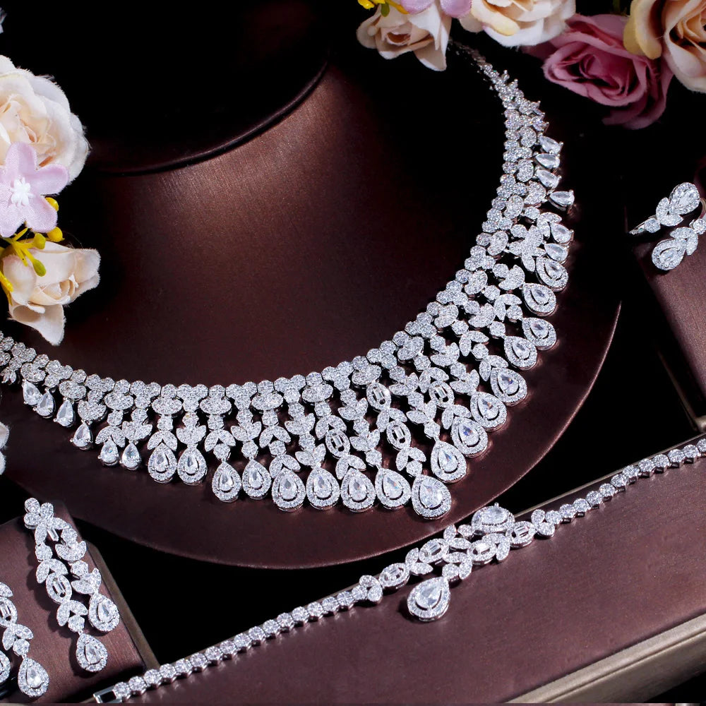 Super Luxury Tassel Leaf Drop Big Chunky Wedding Necklace Dubai White Gold Plated 4pcs Jewelry Sets for Brides