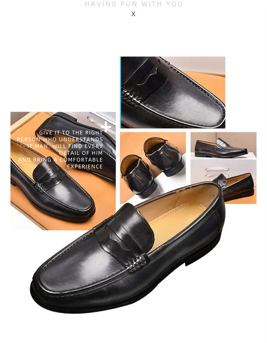 Luxury Men Penny Loafers Genuine Leather Slip On Black Casual Business Dress Shoes Mens Wedding Party Office Fashion Shoes