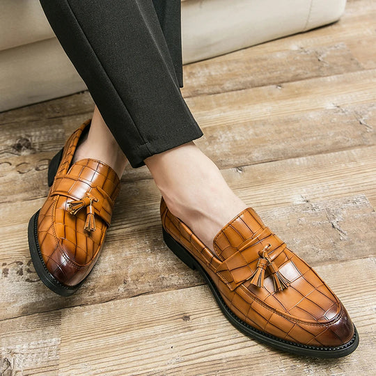 Men's Formal Crocodile Leather Loafers with Tassel, Casual Dress Shoes