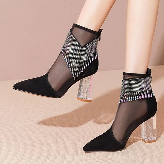 Summer Fashion Boots Women 2024 New Glitter Rhinestone Ladies Pointed Toe Chunky Heel Shoes Dress Party Female Mesh Sandals