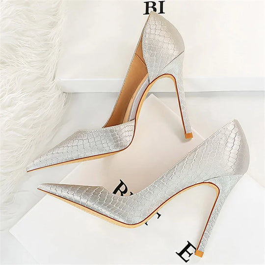 Women 3inch 5inch High Heels Fashion Pumps  Satin Green Gold Silver Stiletto Low Heels Shoes