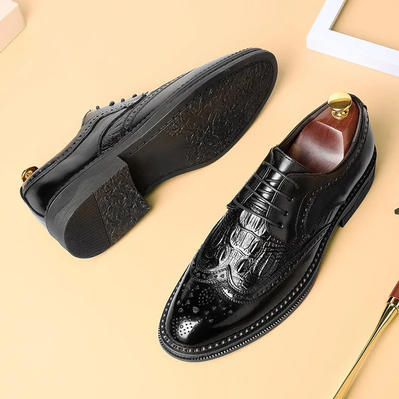 Men's Derby Brogue Crocodile Pattern Leather  Casual Comfortable Dress Shoes