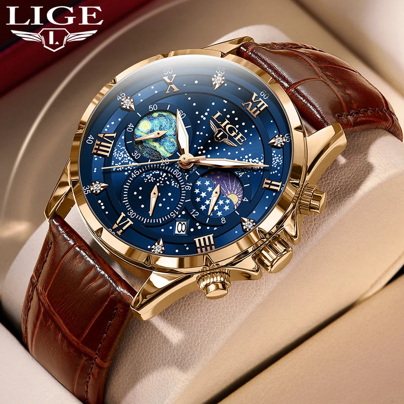 "LIGE Men's Casual Sport Watch - Luxury Waterproof, Date Display, Luminous Chronograph, Quartz Movement, Leather Strap"