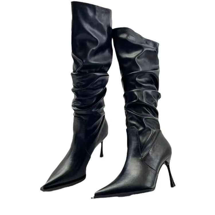 "Elegant Women's High Knee Boots: Fashionable Pointed Toe with Stiletto Heel - Chic and Sexy Ladies' Long Boots