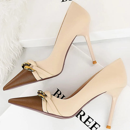 Luxury Designer Women High Heels Nude Pumps Sexy Lady Replica Metal Chain Stiletto Heels Fashion  Shoes