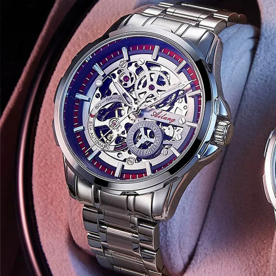 "AILANG Men's Skeleton Mechanical Watch - Stainless Steel, Waterproof, Top Brand Luxury, Sporty Automatic Wristwatch"