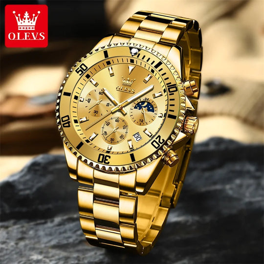 "OLEVS Men's Watch - Top Brand Luxury, Gold Quartz, Military Style, Waterproof, Date Function, Luminous, Stainless Steel"