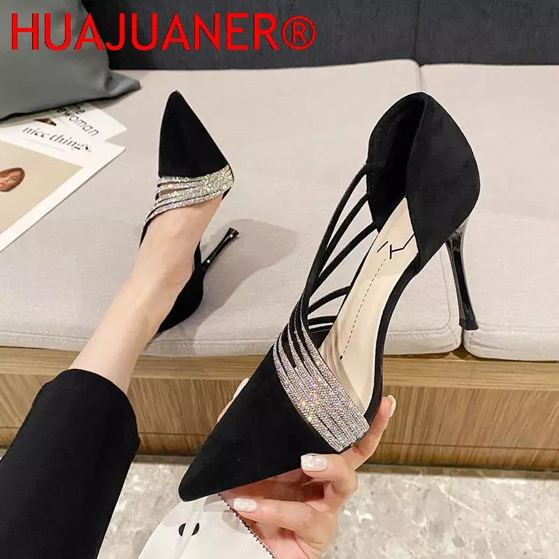 New 2024 Spring Luxury Women Rhineston Stiletto High Heels Pumps Scarpins Designer Lady Black Heels