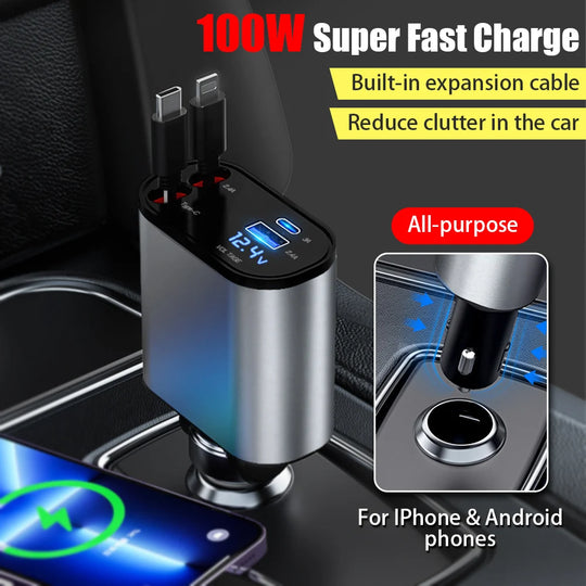 100W 4 in 1 Flexible Retractable Car Fast Charger for Apple Type C Super Fast Charger Cigarette Lighter Adapter