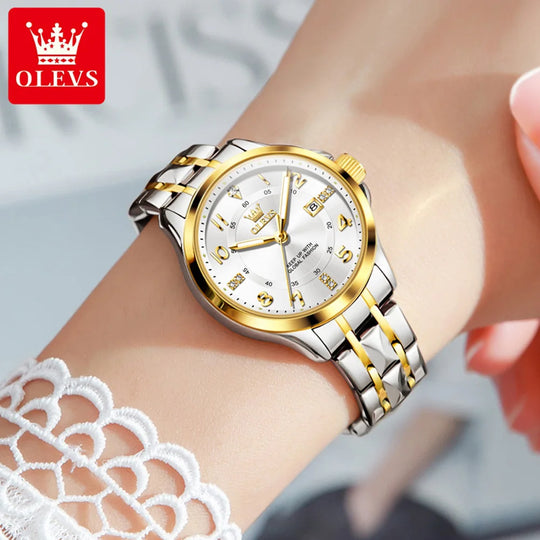 "OLEVS Elegant Women's Watch - Original Quartz, Stainless Steel, Waterproof, Luminous Date Feature, Fashionable Temperament Design"