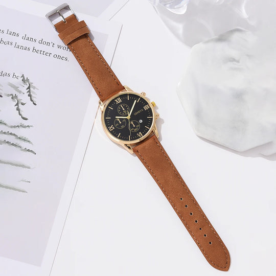 New Men Watch Luxury Bracelet Set Fashion Business Brown Leather Quartz Wrist Watches For Men Gift Set Relogio Masculino