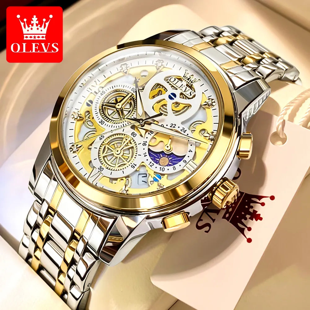 OLEVS Men's Watches Top Brand Luxury Original Waterproof Quartz Watch for Man Gold Skeleton Style 24 Hour