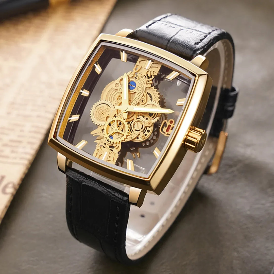 Top Luxury Men's Hollow Square Watch - Gold Gear, Fashionable Business Design, Versatile Glow, Waterproof, Quartz Movement"