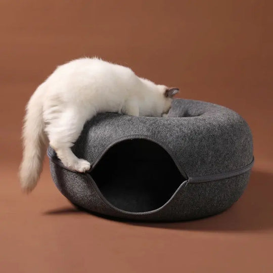 Donut Cat Bed with Interactive Tunnel: Felt Indoor Playhouse and Training Toy for Kittens and Cats - Cozy Pet Kennel Supplies