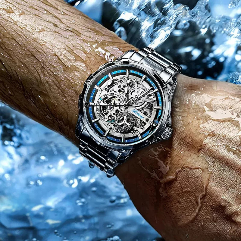 "AILANG Men's Skeleton Mechanical Watch - Stainless Steel, Waterproof, Top Brand Luxury, Sporty Automatic Wristwatch"