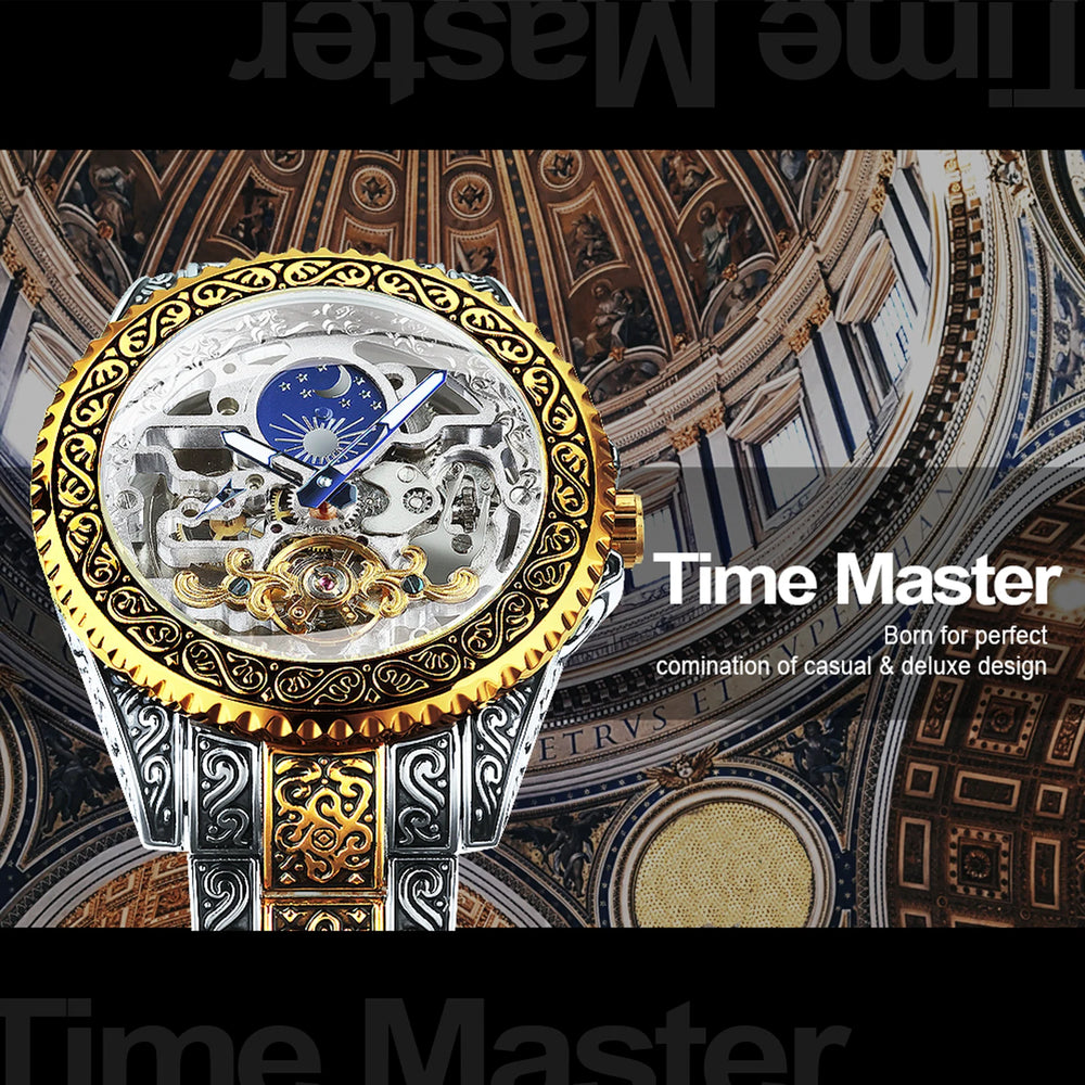 "Forsining Men's Automatic Tourbillon Watch - Mechanical Skeleton, Top Brand Luxury, Engraved Vintage Design, Moon Phase, Steel Construction"