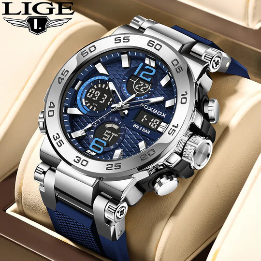 "LIGE 2024 Luxury Men's Wristwatch - LCD Display, Luminous Sport Design, Waterproof Military Quartz Clock"