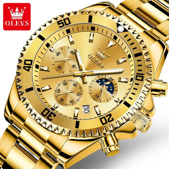 "OLEVS Men's Watch - Top Brand Luxury, Gold Quartz, Military Style, Waterproof, Date Function, Luminous, Stainless Steel"