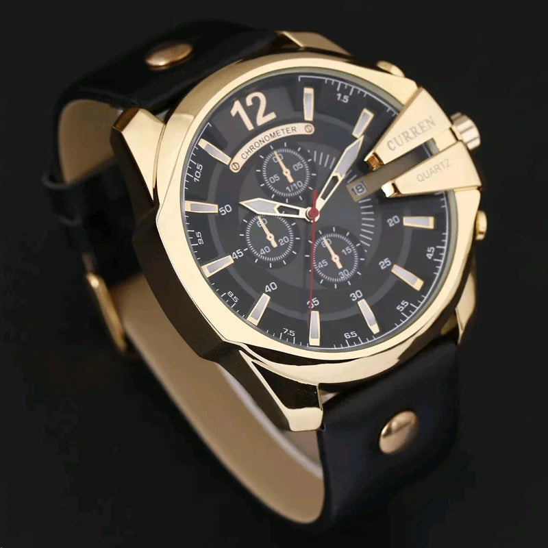 "Curren Men's Chronograph Watch - Large Dial, Luxury Gold Design, Fashion Leather Strap, Casual Outdoor Sports Wristwatch