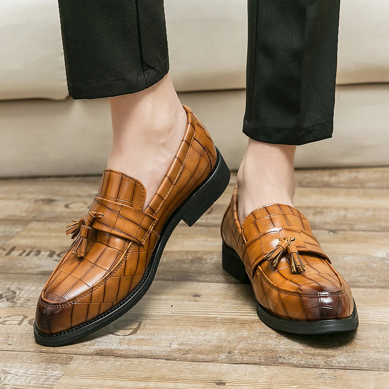 Men's Formal Crocodile Leather Loafers with Tassel, Casual Dress Shoes