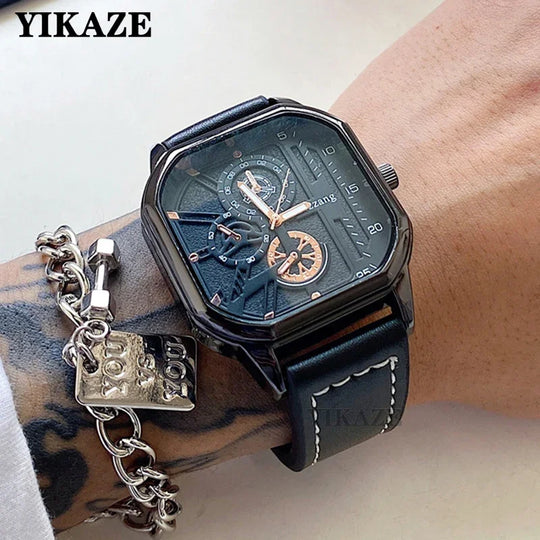 "YIKAZE Men's Quartz Watch - Alloy Dial, Business Style, Leather Strap, Square Sports Design, Cool Black Wristwatch"