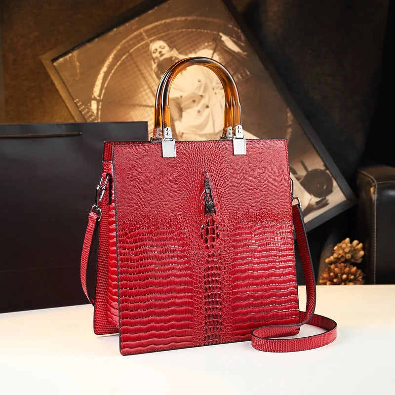 Genuine Leather Women  Handbag Tote Bag Crocodile Pattern Luxury Fashion Shoulder Messenger Bag Trend Vertical standing bag