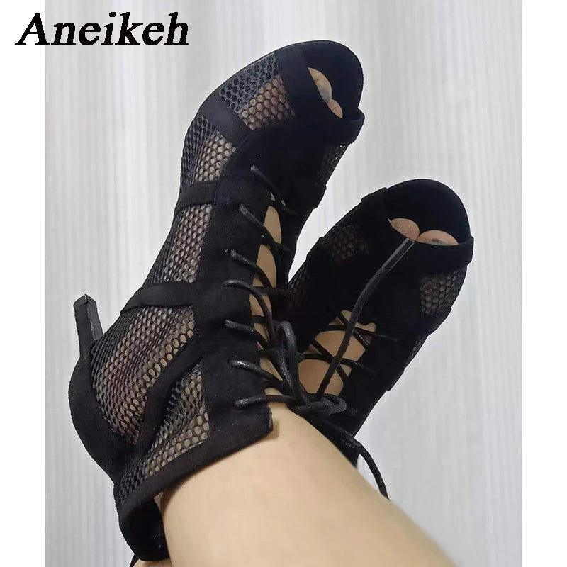 Aneikeh Middle Heel Ankle Strap Sandal Boots 2024 Fashion Summer Lace Up Cross-tied Peep Toe Lady Shoes