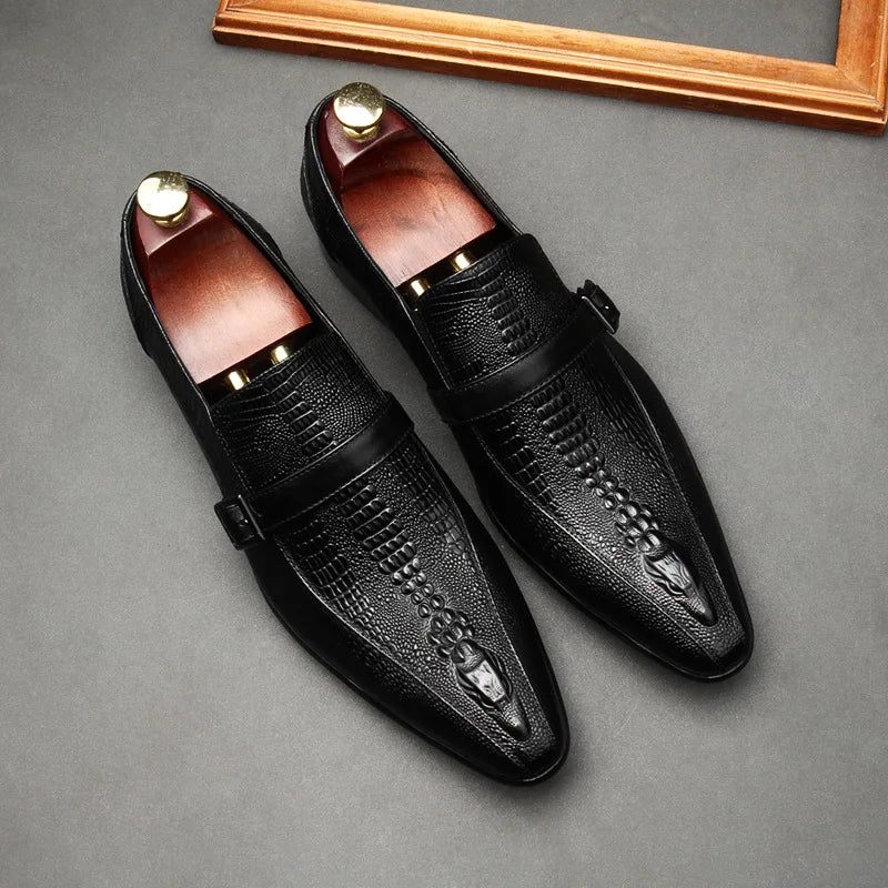 Classic Men's Penny Loafers, Genuine Leather in Black and Brown, Crocodile Pattern Dress Shoes, Casual Leather Shoes