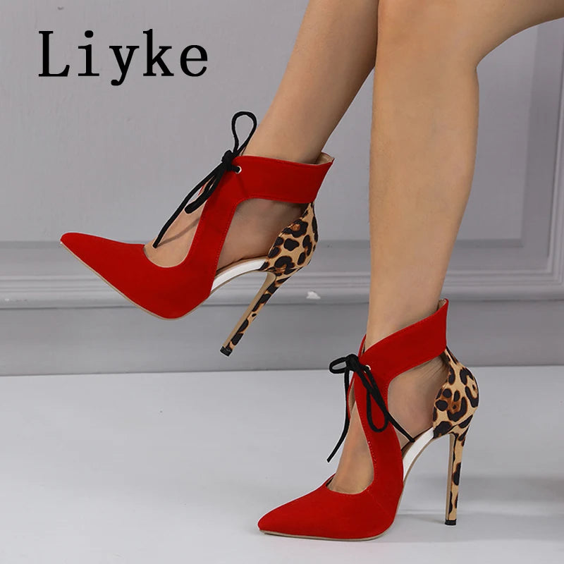 Liyke 2024 New Sexy Red Pointed Toe Lace Up High Heels Women Slingback Sandals Summer Party  Prom Shoes Leopard Print Pumps Mule