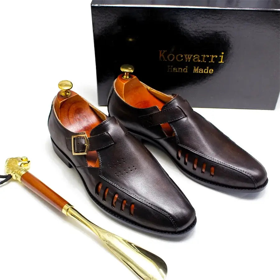 Men's Leather Snake Pattern Sandals with Hollow Design, Casual Dress Shoes with Metal Button – Ideal for Office Wear"