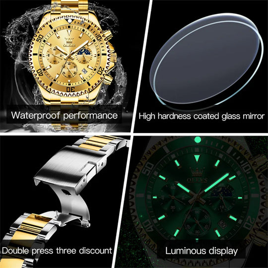 "OLEVS Men's Watch - Top Brand Luxury, Gold Quartz, Military Style, Waterproof, Date Function, Luminous, Stainless Steel"