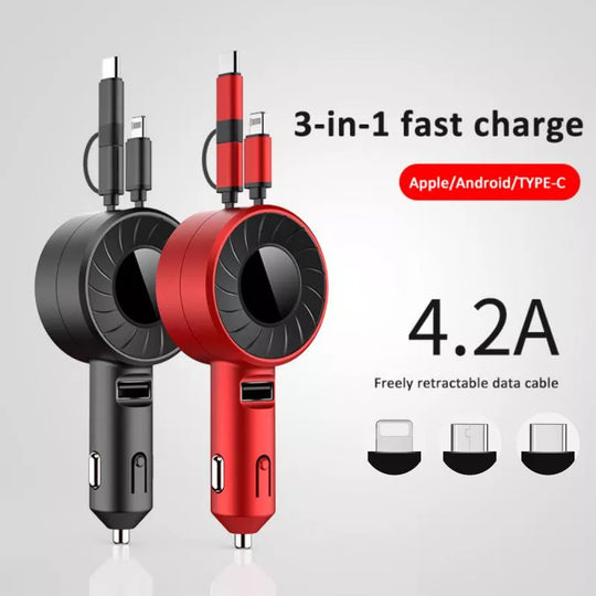 3 In 1 Car Phone Fast Charger Retractable Charge Cable Micro-USB Lightning Type C Auto Cigarette Lighter Adapter Car Accessories