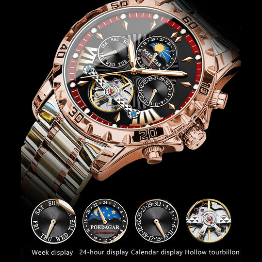 POEDAGAR Men's Luxury Automatic Mechanical Watch - Hollow Tourbillon, Waterproof, Luminous Date and Week, Stainless Steel"