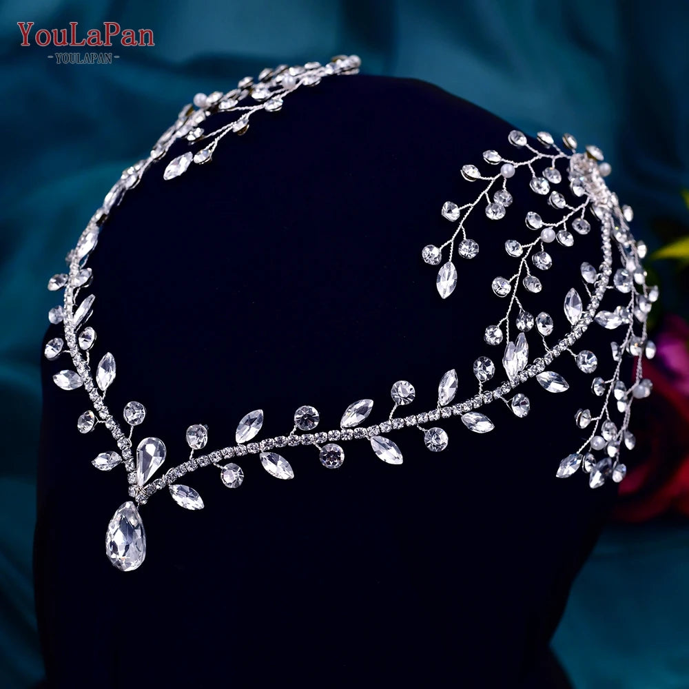 Rhinestone Wedding Forehead Headband Women Headdress Water Drop Bridal Head Tiara Bridal Headpiece with Combs