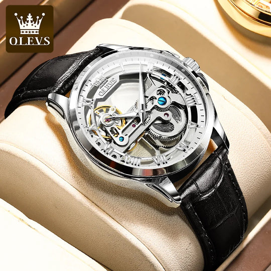 OLEVS  Automatic Mechanical Watch For Man Skeleton Flywheel Luminous Hands Waterproof Leather Strap Top Brand Luxury Gifts