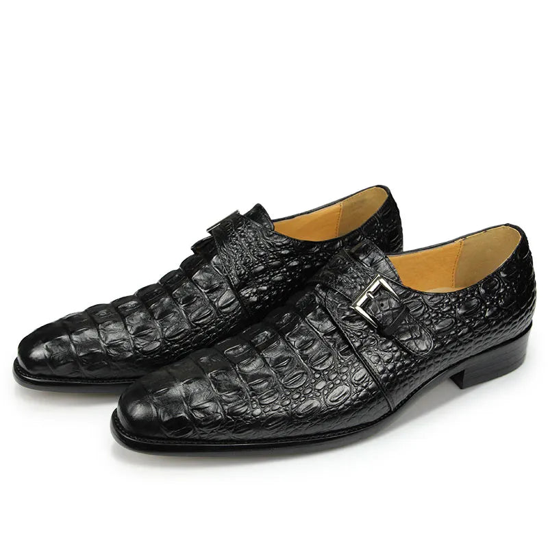 Men's Elegant Leather Oxford Dress Shoes with Crocodile Pattern, Italian-Inspired Strap Monk Loafer Design