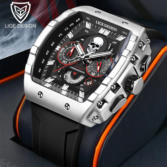 "LIGE Men's Fashion Sport Skull Watch - Top Brand Luxury, Chronograph Quartz, Waterproof Wristwatch"