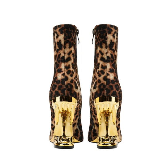 2024 New Leopard Print Pointed Toe High Heel Wolf Teeth Slope Heel Large Women's Boots Short Boots