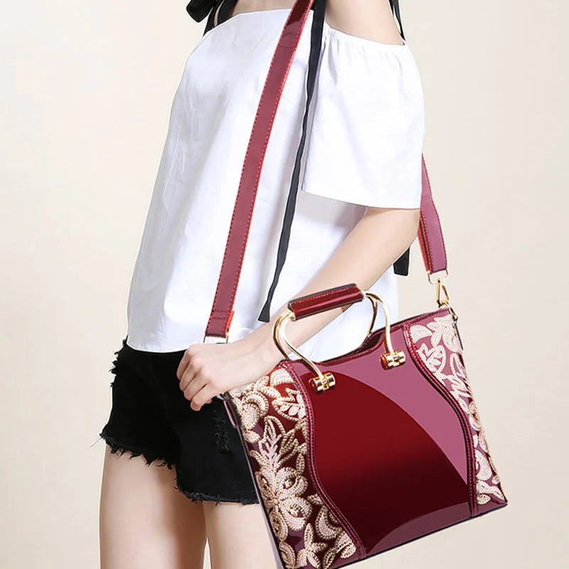 Floral Elegance Patent Leather Handbag: Large Capacity Crossbody and Shoulder Bag for Women