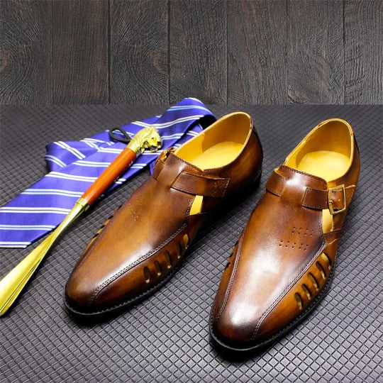 Men's Leather Snake Pattern Sandals with Hollow Design, Casual Dress Shoes with Metal Button – Ideal for Office Wear"